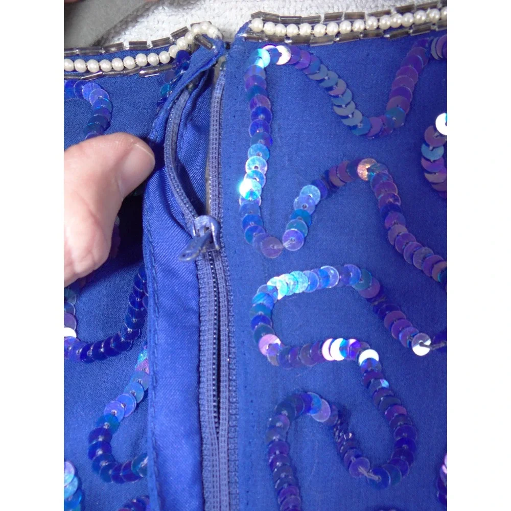 Stenay Vintage Royal Blue Silk Sequin Beaded 2-Piece Skirt Set Size 10 3978